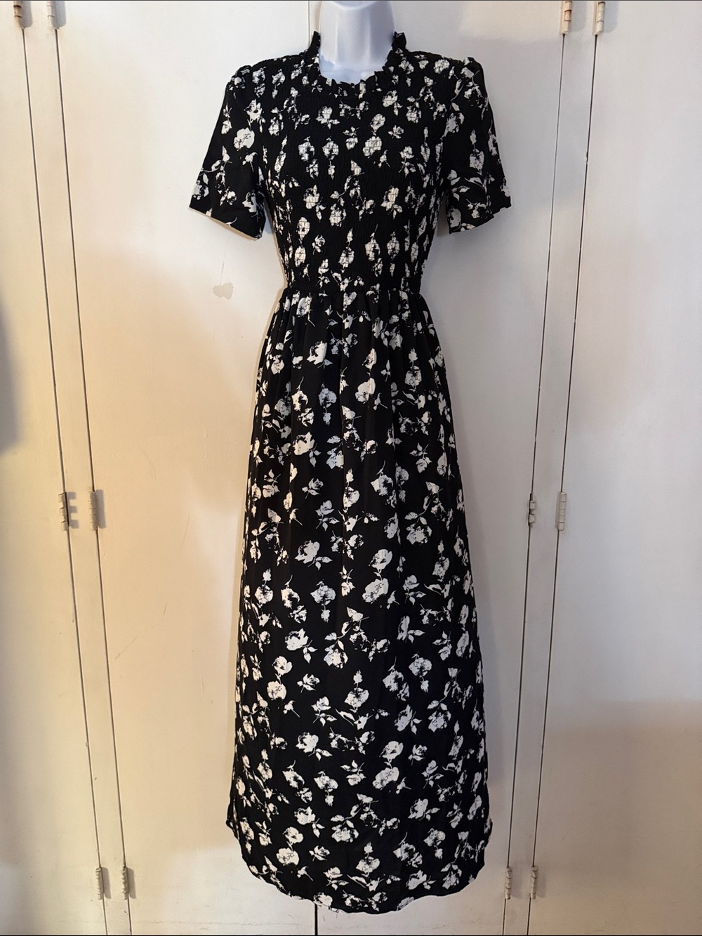 Smocked Waist Black and White Floral Maxi Dress